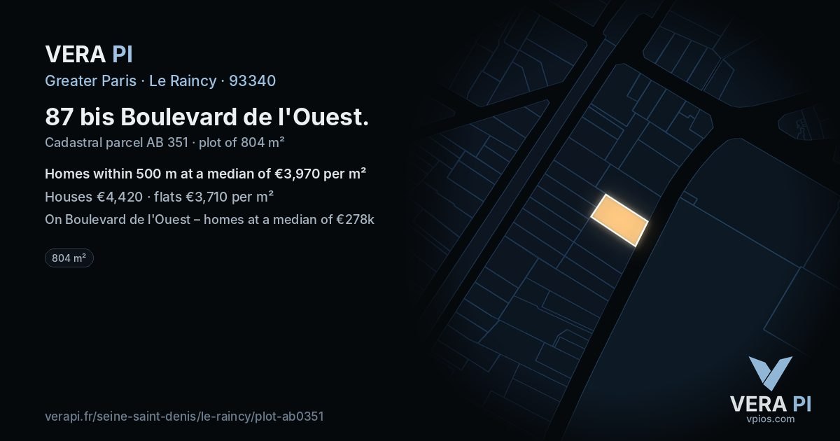 87 bis Boulevard de l'Ouest, Le Raincy at night – the plot lit, the parcels around coloured by the prices near them