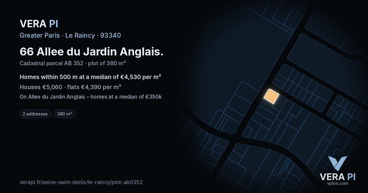 66 Allee du Jardin Anglais, Le Raincy at night – the plot lit, the parcels around coloured by the prices near them