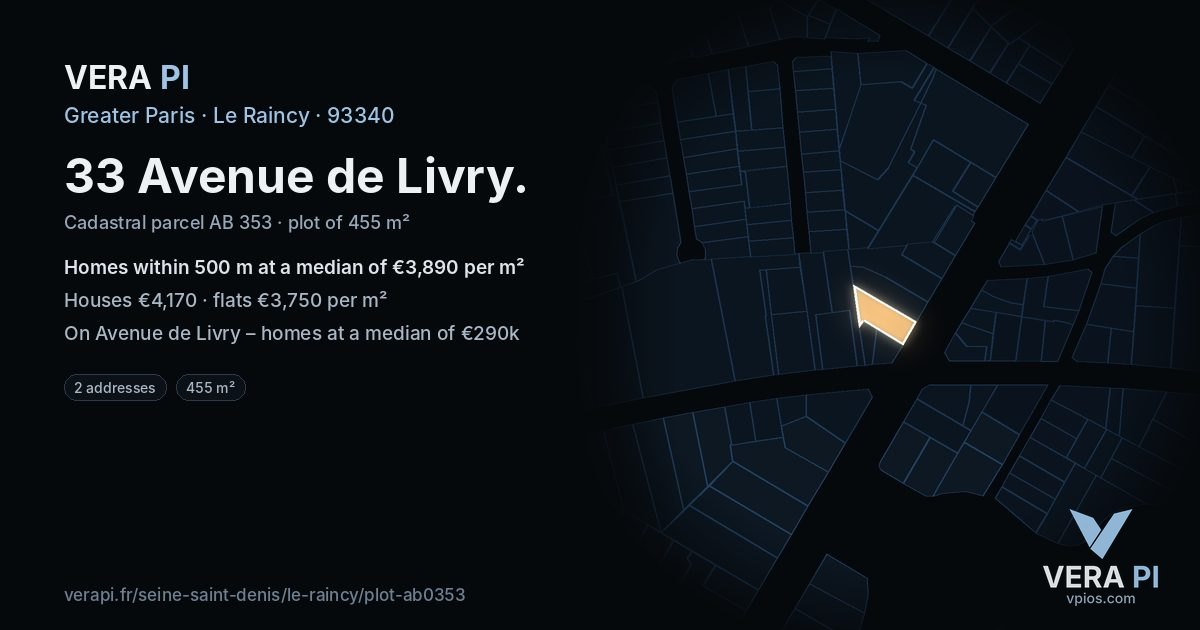 33 Avenue de Livry, Le Raincy at night – the plot lit, the parcels around coloured by the prices near them