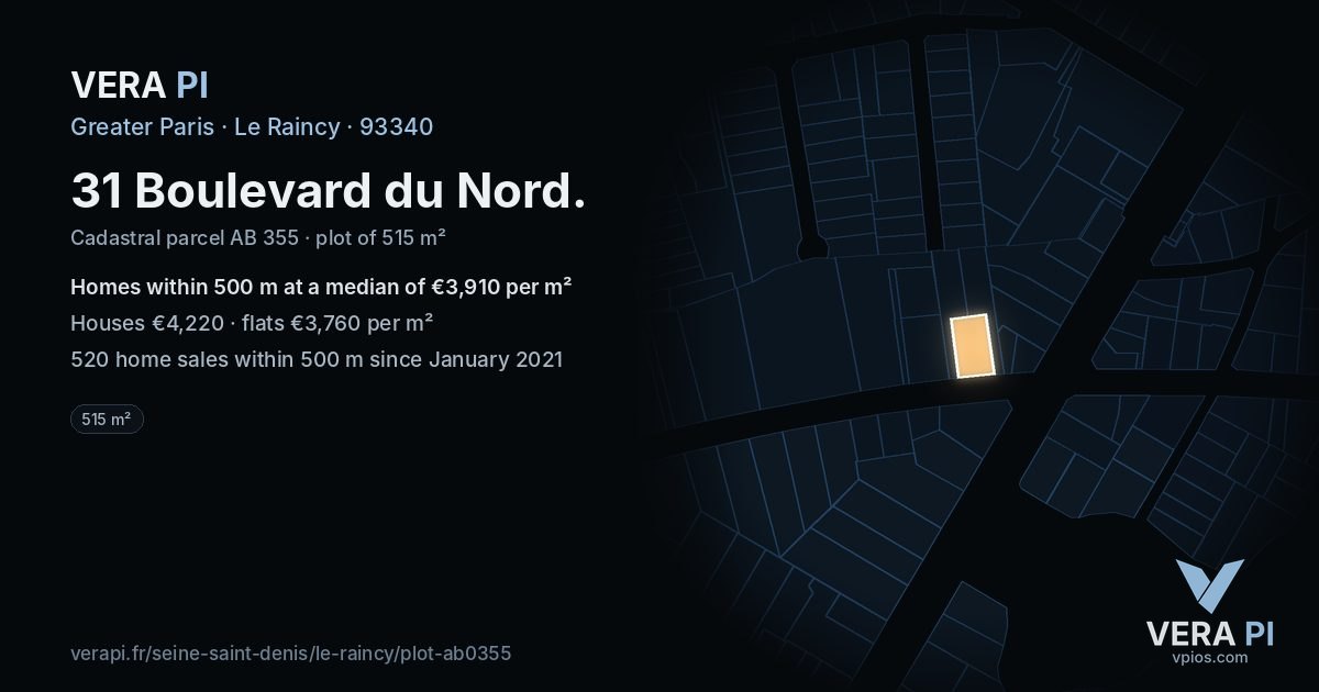 31 Boulevard du Nord, Le Raincy at night – the plot lit, the parcels around coloured by the prices near them