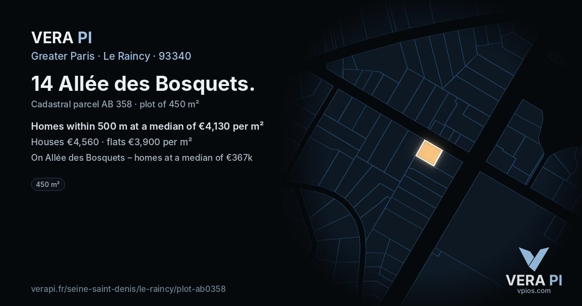14 Allée des Bosquets, Le Raincy at night – the plot lit, the parcels around coloured by the prices near them