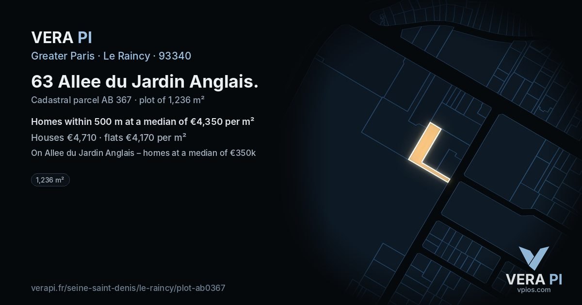63 Allee du Jardin Anglais, Le Raincy at night – the plot lit, the parcels around coloured by the prices near them