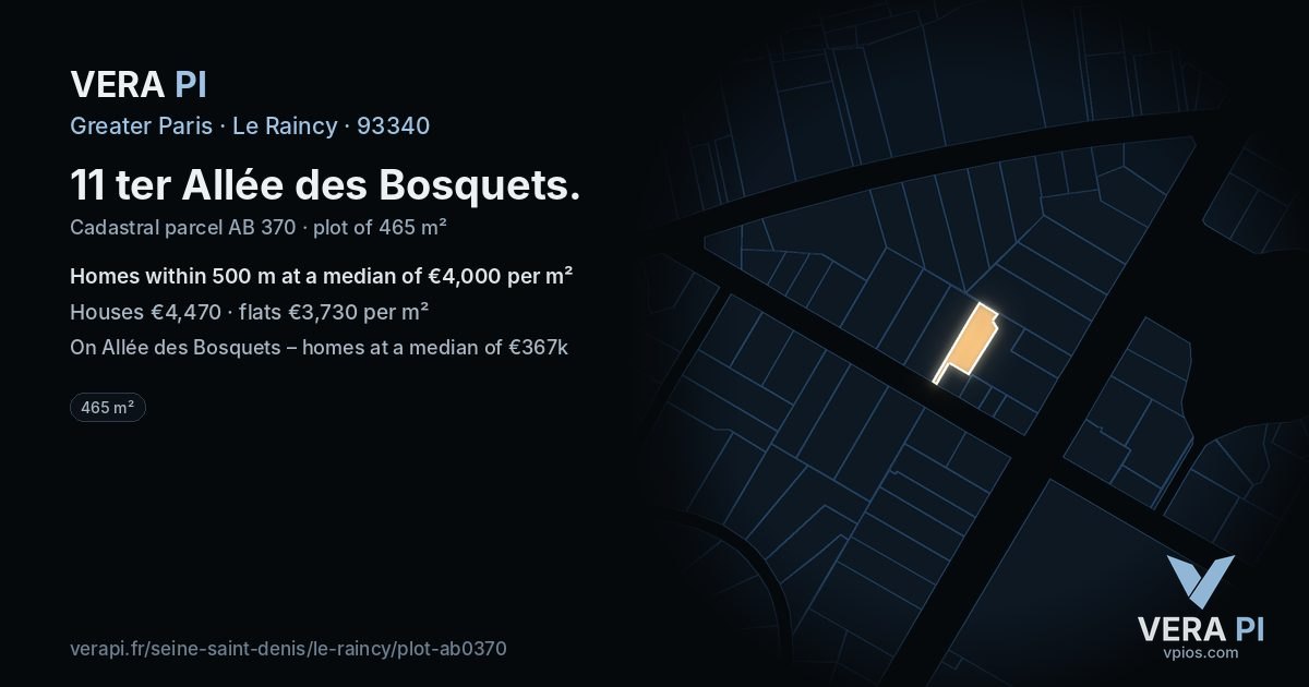 11 ter Allée des Bosquets, Le Raincy at night – the plot lit, the parcels around coloured by the prices near them