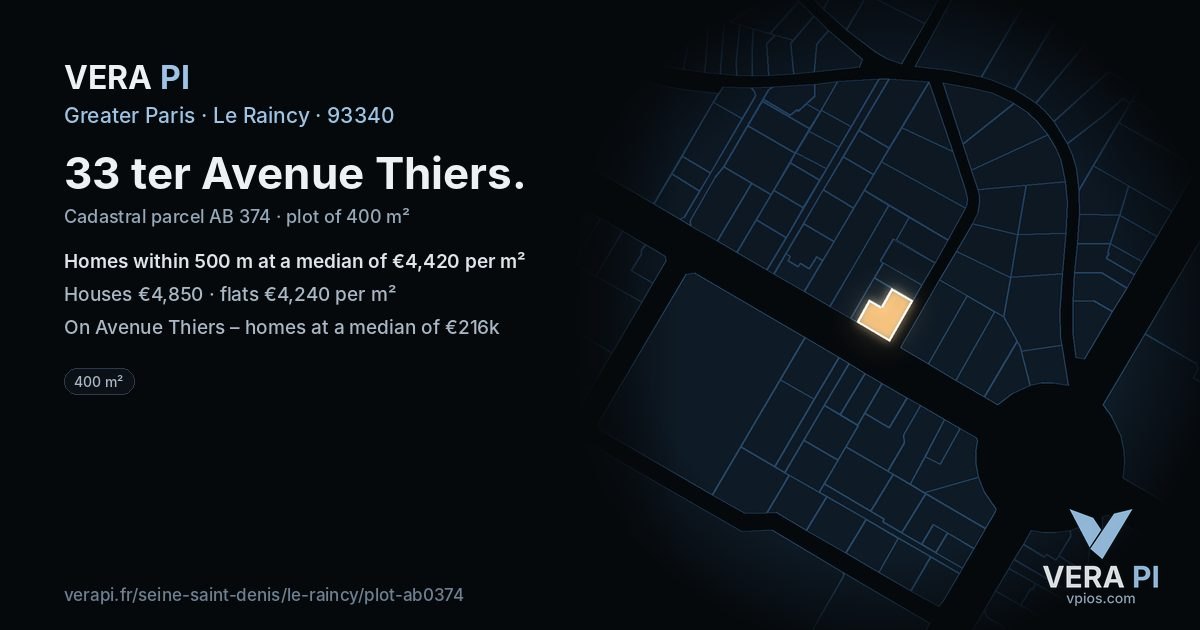 33 ter Avenue Thiers, Le Raincy at night – the plot lit, the parcels around coloured by the prices near them