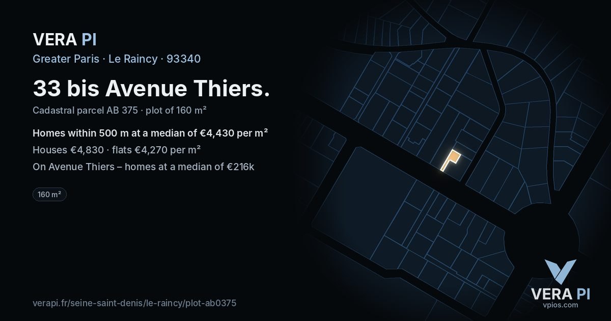 33 bis Avenue Thiers, Le Raincy at night – the plot lit, the parcels around coloured by the prices near them