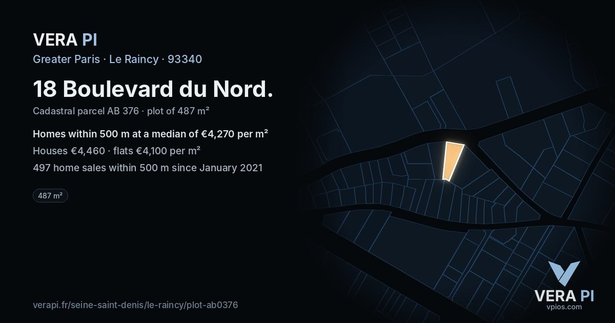 18 Boulevard du Nord, Le Raincy at night – the plot lit, the parcels around coloured by the prices near them