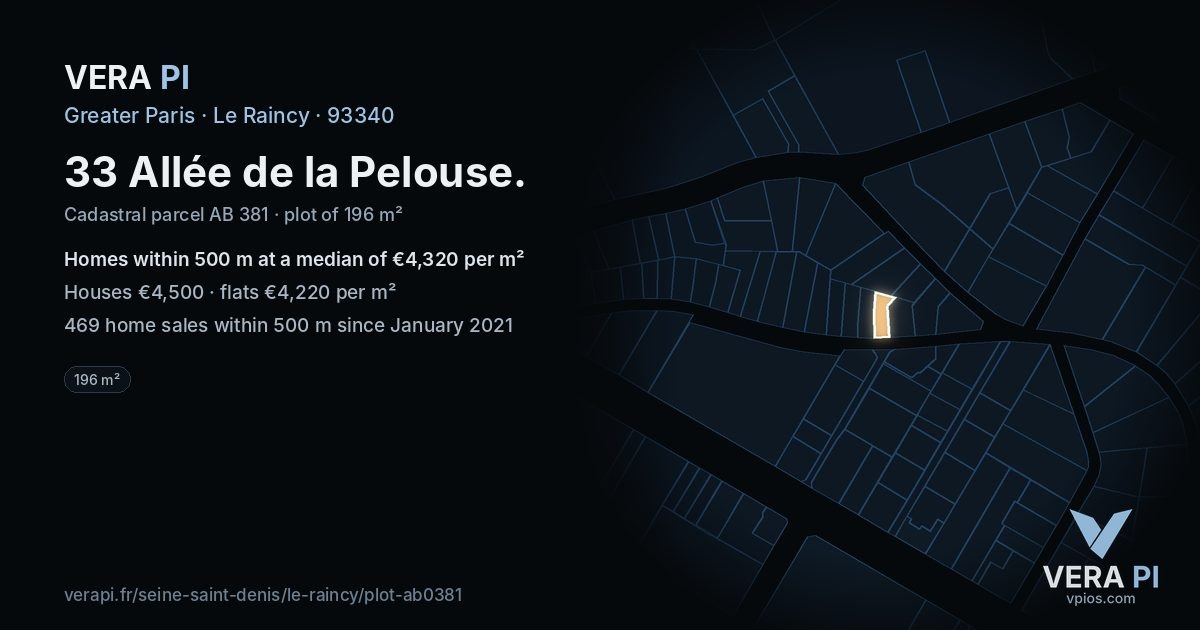 33 Allée de la Pelouse, Le Raincy at night – the plot lit, the parcels around coloured by the prices near them