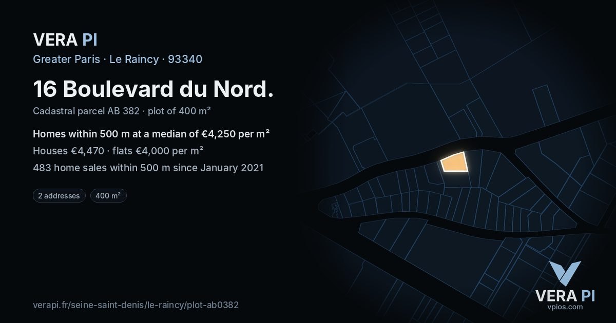 16 Boulevard du Nord, Le Raincy at night – the plot lit, the parcels around coloured by the prices near them