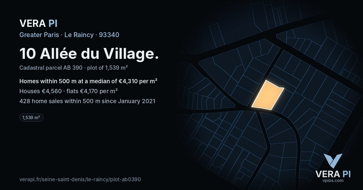 10 Allée du Village, Le Raincy at night – the plot lit, the parcels around coloured by the prices near them