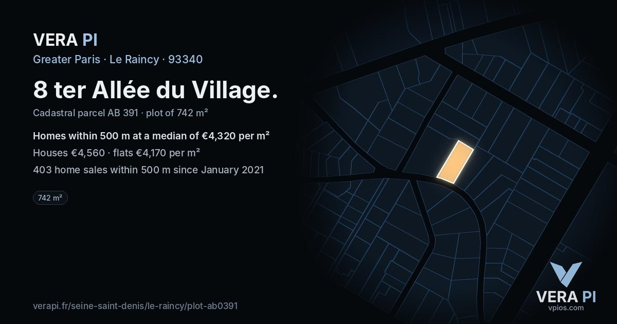 8 ter Allée du Village, Le Raincy at night – the plot lit, the parcels around coloured by the prices near them