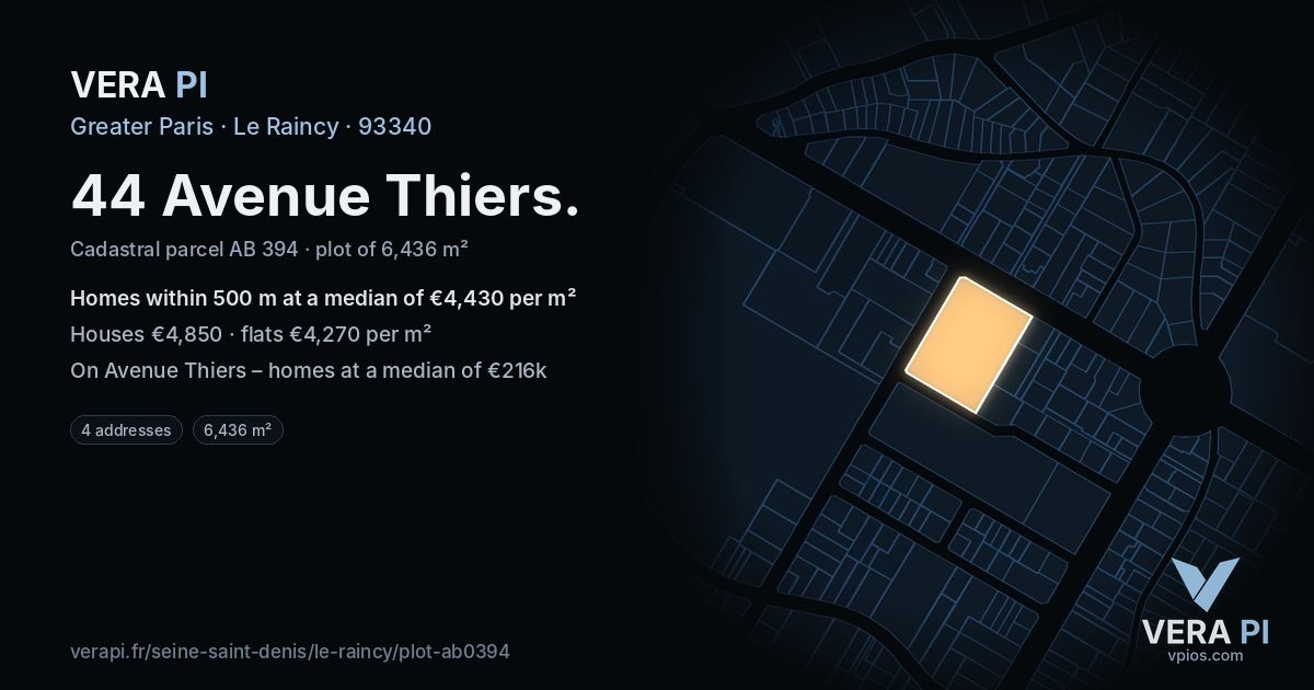 44 Avenue Thiers, Le Raincy at night – the plot lit, the parcels around coloured by the prices near them