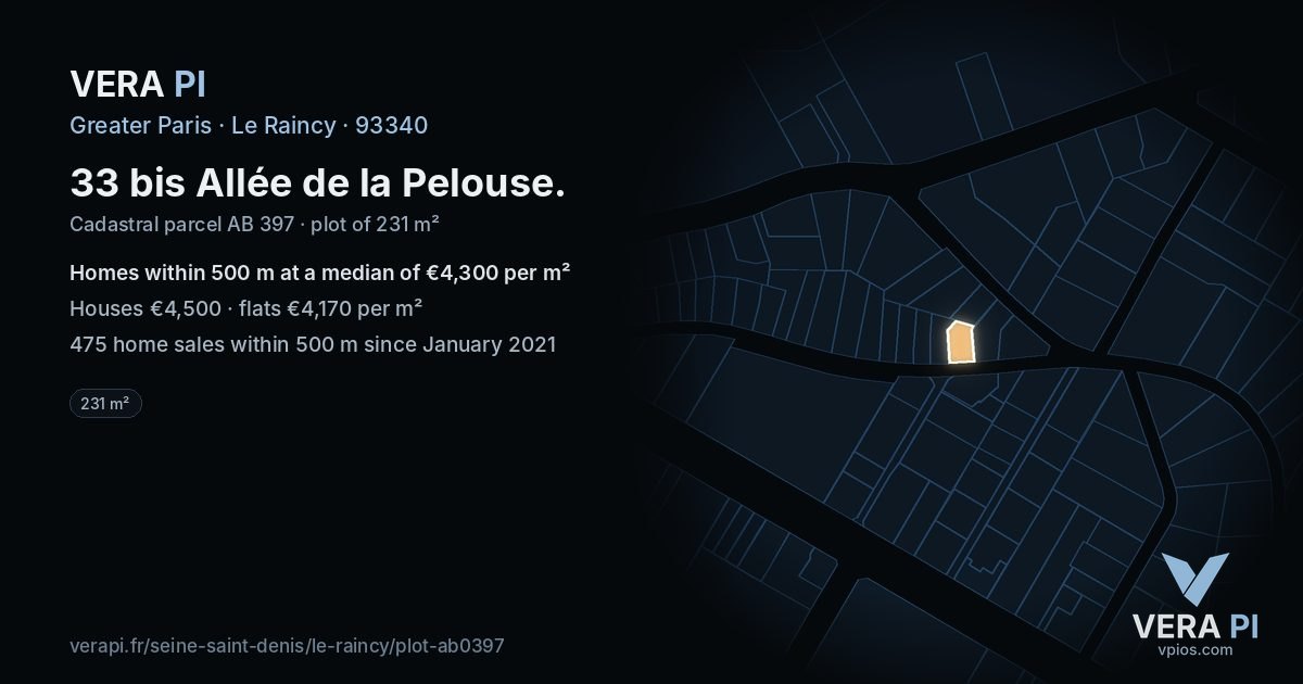 33 bis Allée de la Pelouse, Le Raincy at night – the plot lit, the parcels around coloured by the prices near them