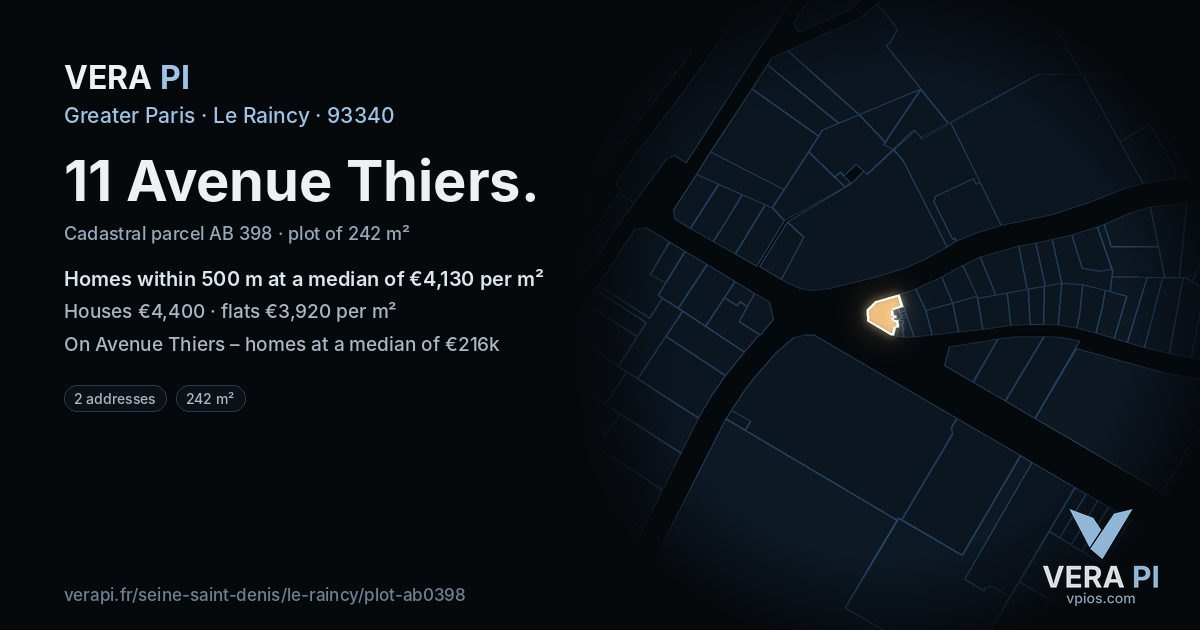 11 Avenue Thiers, Le Raincy at night – the plot lit, the parcels around coloured by the prices near them