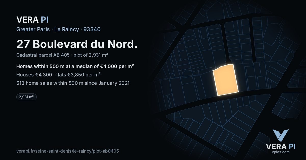 27 Boulevard du Nord, Le Raincy at night – the plot lit, the parcels around coloured by the prices near them