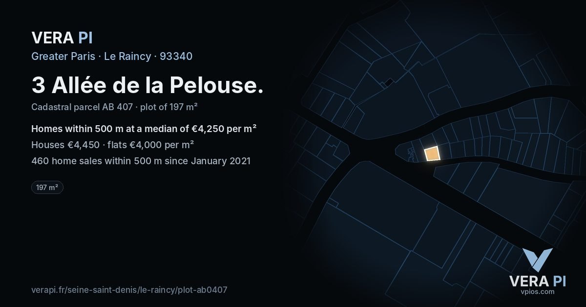 3 Allée de la Pelouse, Le Raincy at night – the plot lit, the parcels around coloured by the prices near them