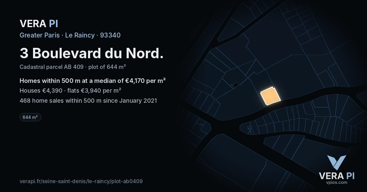 3 Boulevard du Nord, Le Raincy at night – the plot lit, the parcels around coloured by the prices near them