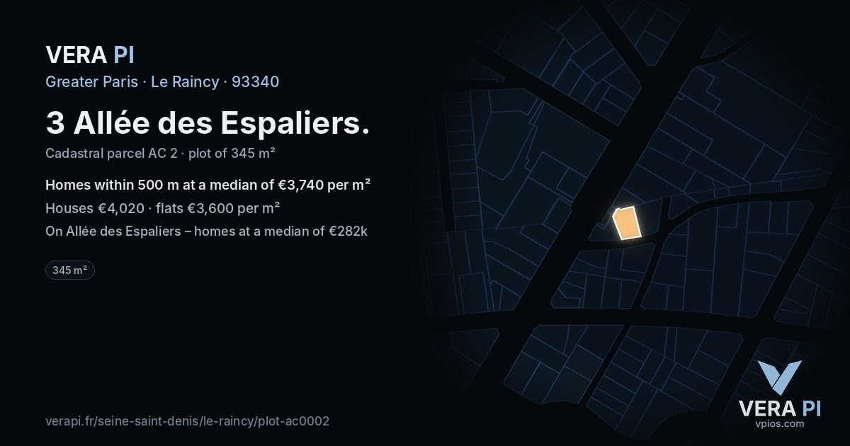 3 Allée des Espaliers, Le Raincy at night – the plot lit, the parcels around coloured by the prices near them