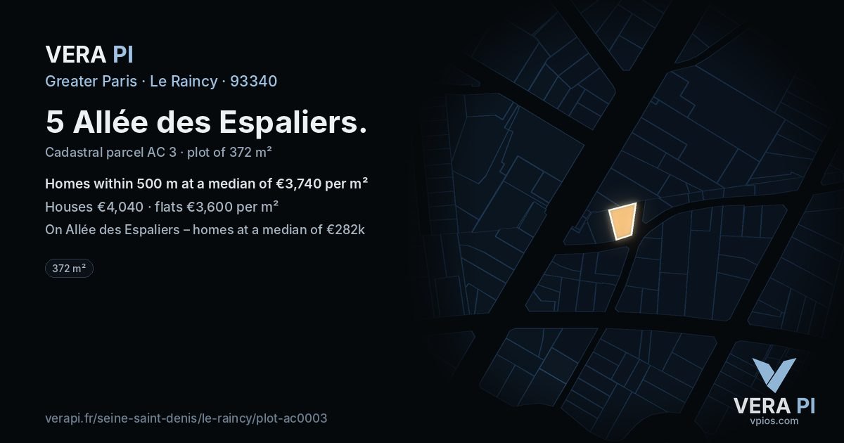 5 Allée des Espaliers, Le Raincy at night – the plot lit, the parcels around coloured by the prices near them