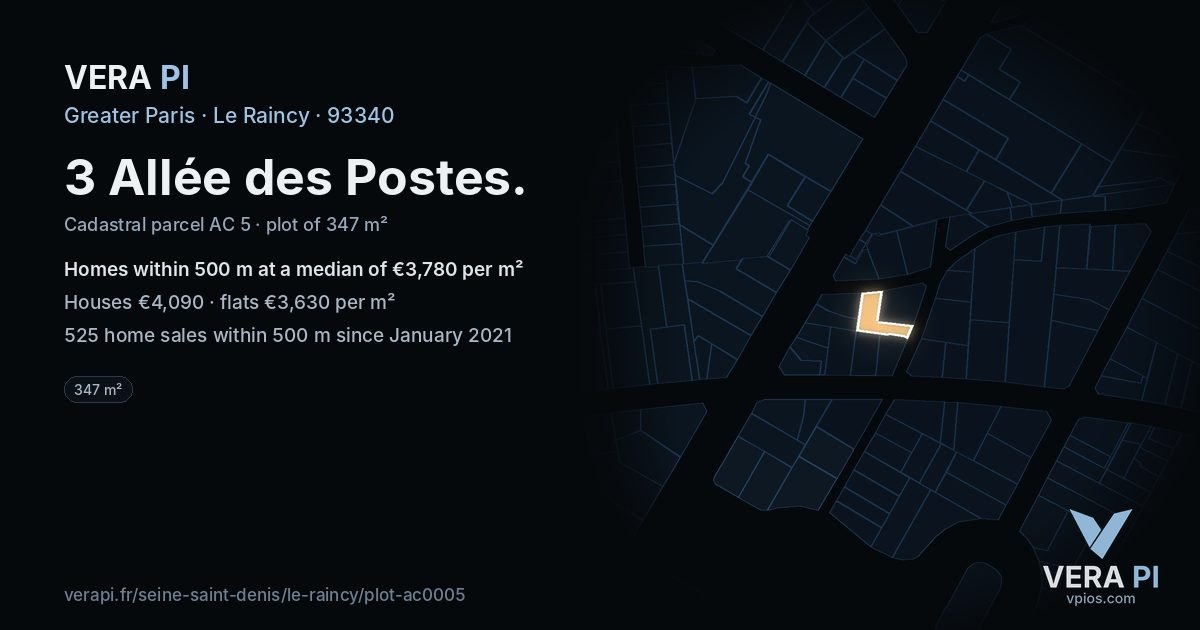 3 Allée des Postes, Le Raincy at night – the plot lit, the parcels around coloured by the prices near them