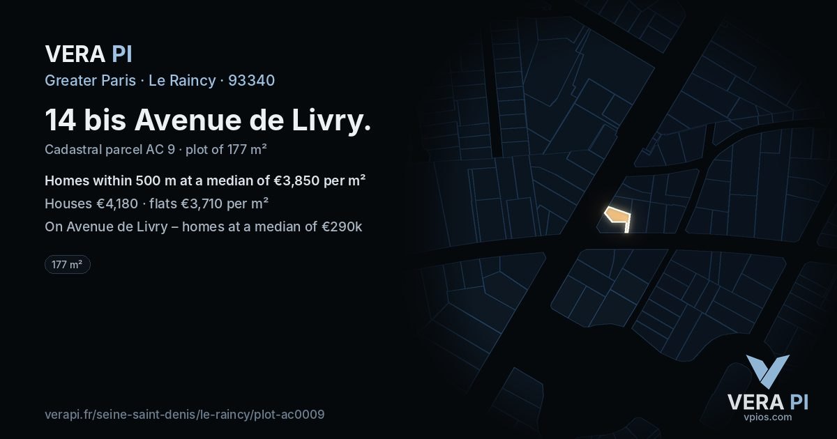14 bis Avenue de Livry, Le Raincy at night – the plot lit, the parcels around coloured by the prices near them