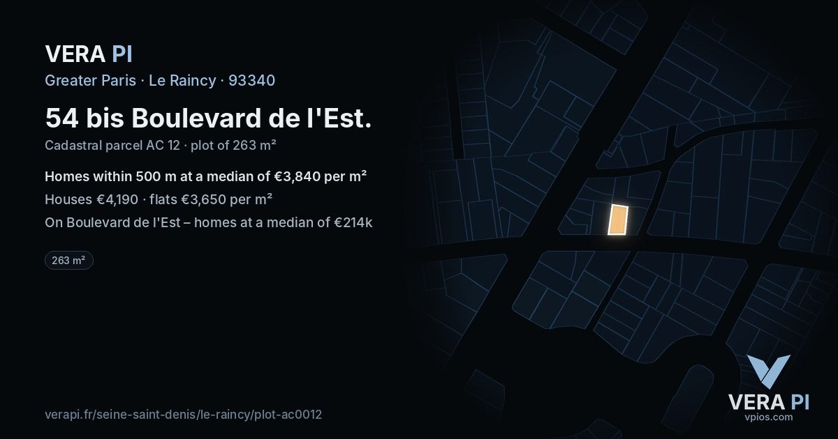 54 bis Boulevard de l'Est, Le Raincy at night – the plot lit, the parcels around coloured by the prices near them