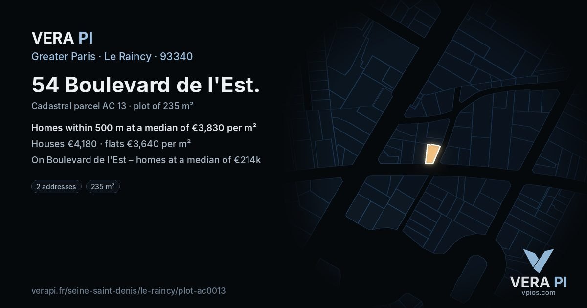 54 Boulevard de l'Est, Le Raincy at night – the plot lit, the parcels around coloured by the prices near them