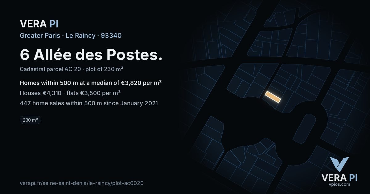 6 Allée des Postes, Le Raincy at night – the plot lit, the parcels around coloured by the prices near them