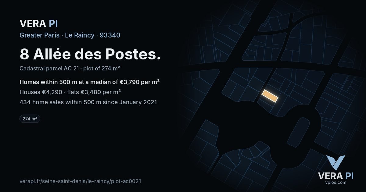 8 Allée des Postes, Le Raincy at night – the plot lit, the parcels around coloured by the prices near them