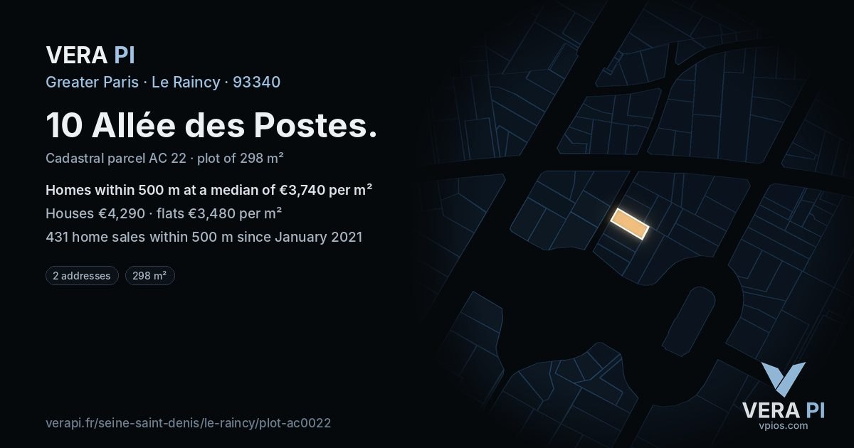 10 Allée des Postes, Le Raincy at night – the plot lit, the parcels around coloured by the prices near them