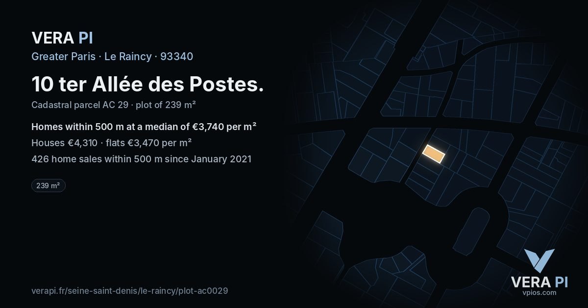 10 ter Allée des Postes, Le Raincy at night – the plot lit, the parcels around coloured by the prices near them