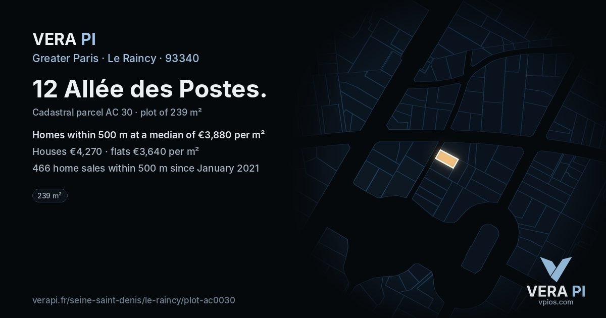 12 Allée des Postes, Le Raincy at night – the plot lit, the parcels around coloured by the prices near them