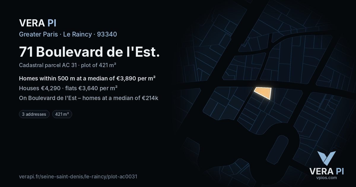 71 Boulevard de l'Est, Le Raincy at night – the plot lit, the parcels around coloured by the prices near them