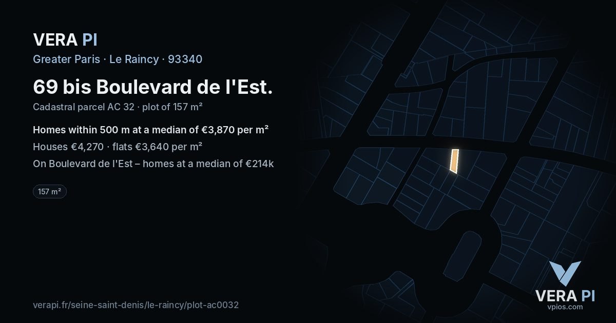 69 bis Boulevard de l'Est, Le Raincy at night – the plot lit, the parcels around coloured by the prices near them