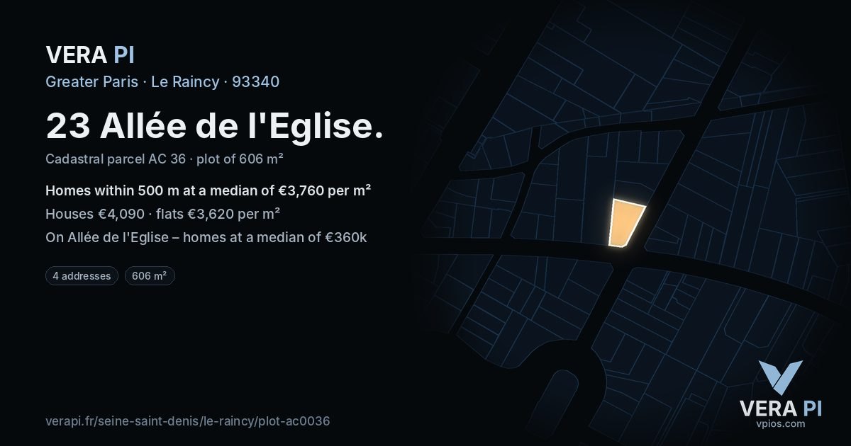 23 Allée de l'Eglise, Le Raincy at night – the plot lit, the parcels around coloured by the prices near them