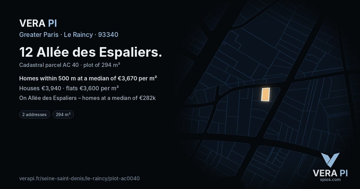 12 Allée des Espaliers, Le Raincy at night – the plot lit, the parcels around coloured by the prices near them