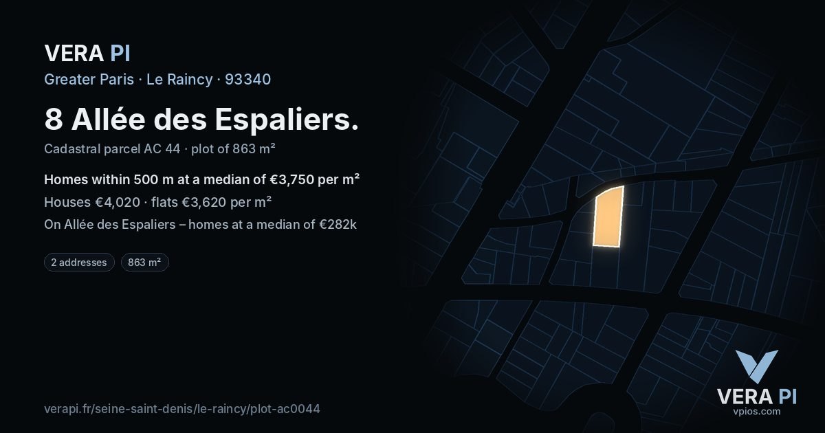 8 Allée des Espaliers, Le Raincy at night – the plot lit, the parcels around coloured by the prices near them