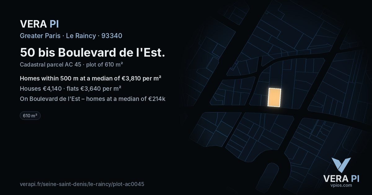 50 bis Boulevard de l'Est, Le Raincy at night – the plot lit, the parcels around coloured by the prices near them