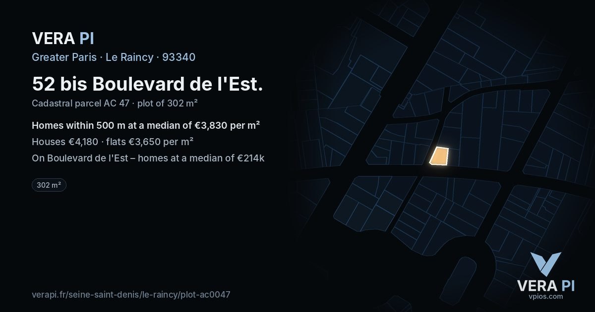 52 bis Boulevard de l'Est, Le Raincy at night – the plot lit, the parcels around coloured by the prices near them