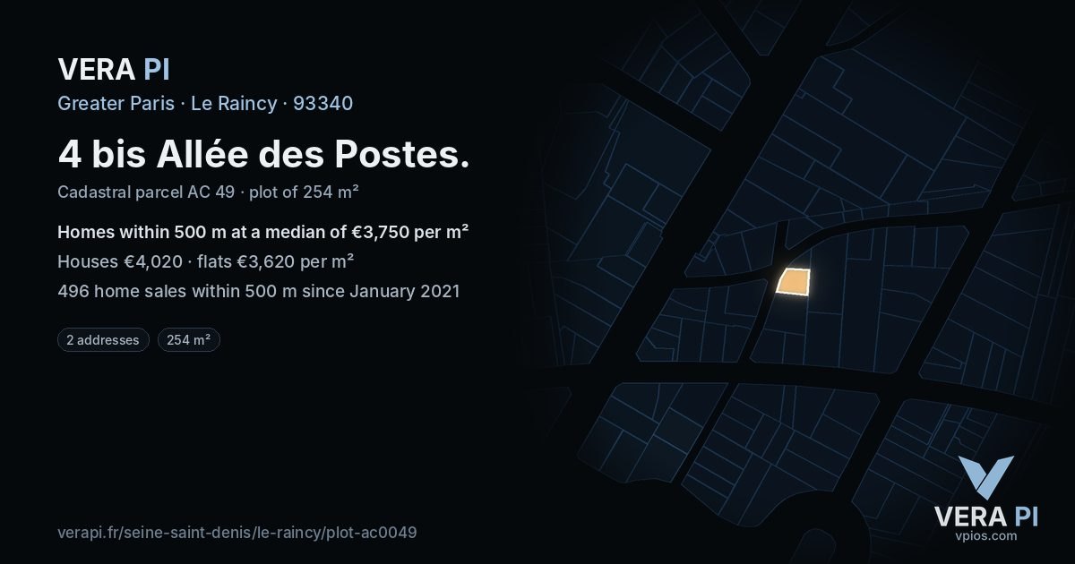 4 bis Allée des Postes, Le Raincy at night – the plot lit, the parcels around coloured by the prices near them