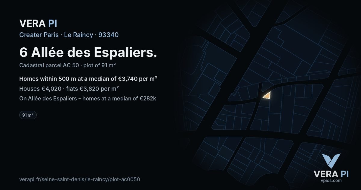 6 Allée des Espaliers, Le Raincy at night – the plot lit, the parcels around coloured by the prices near them