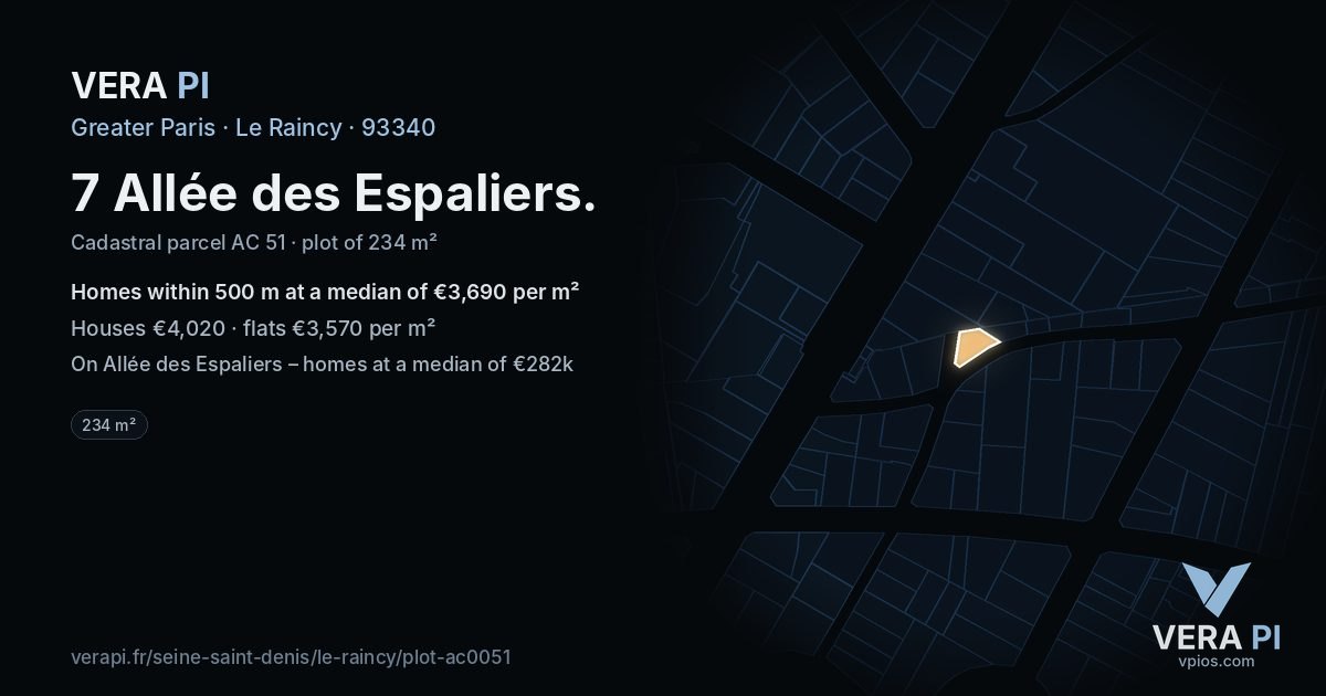 7 Allée des Espaliers, Le Raincy at night – the plot lit, the parcels around coloured by the prices near them