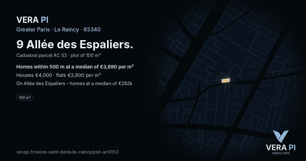 9 Allée des Espaliers, Le Raincy at night – the plot lit, the parcels around coloured by the prices near them