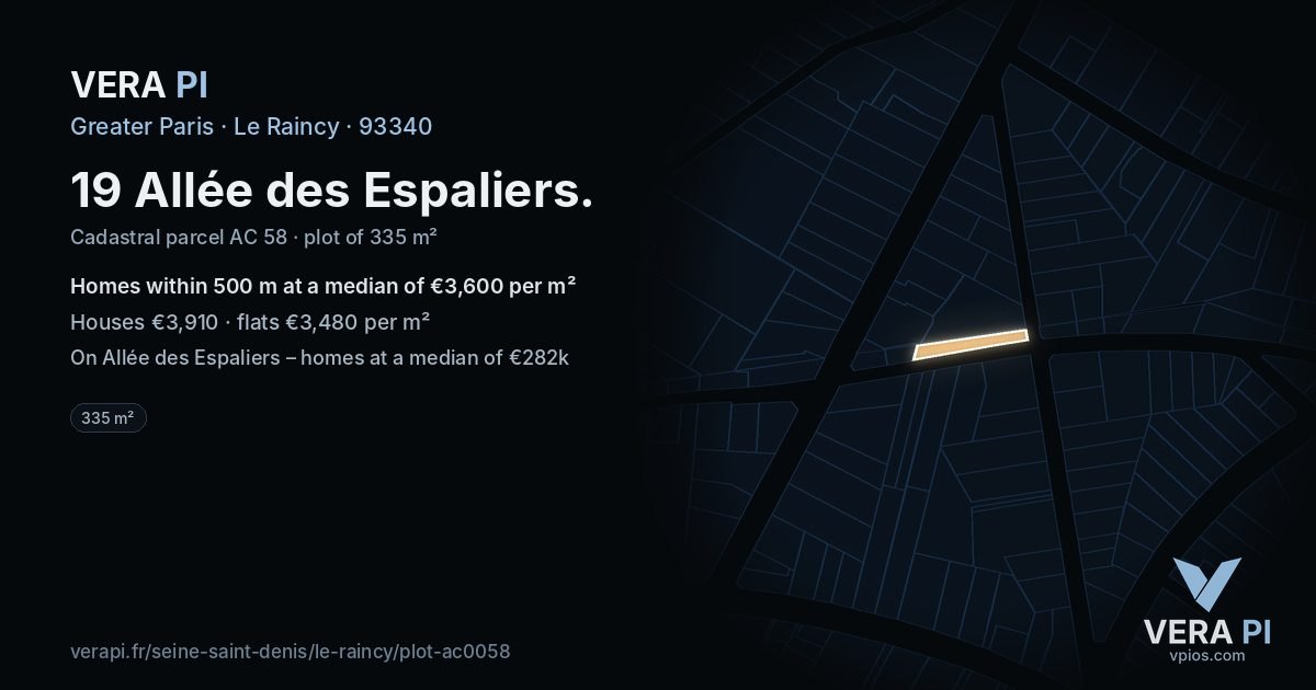 19 Allée des Espaliers, Le Raincy at night – the plot lit, the parcels around coloured by the prices near them