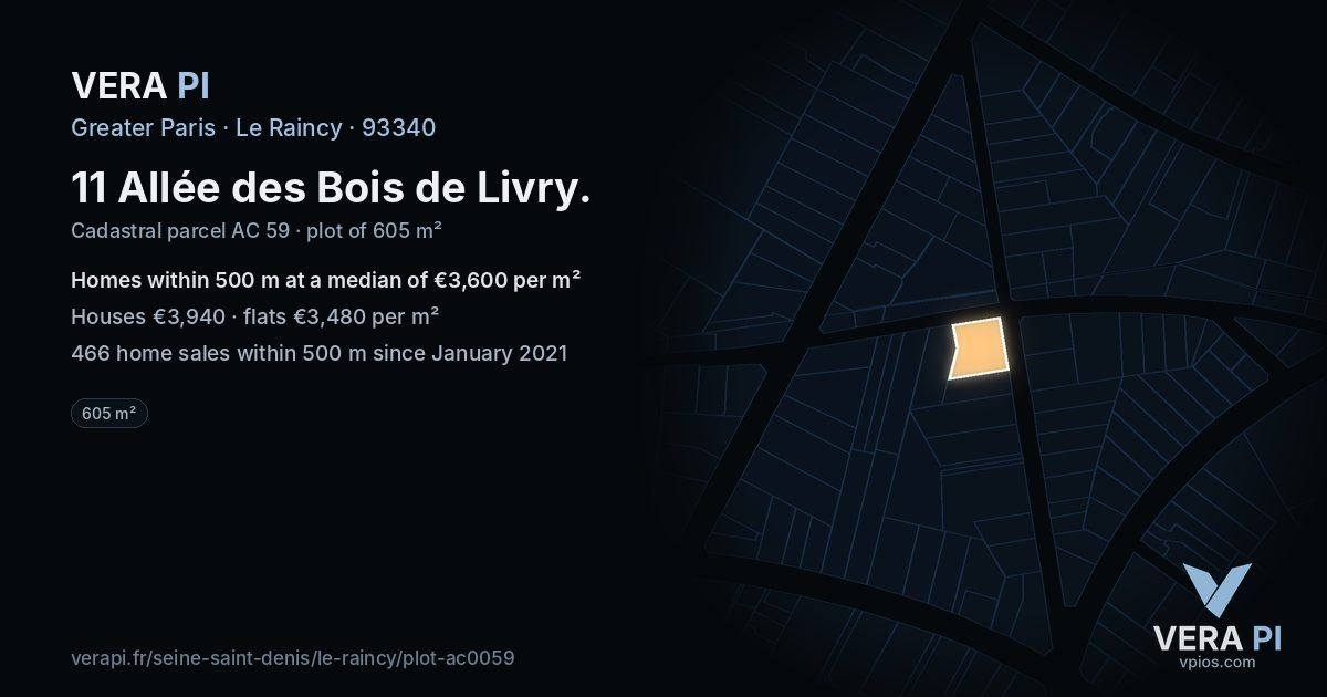 11 Allée des Bois de Livry, Le Raincy at night – the plot lit, the parcels around coloured by the prices near them