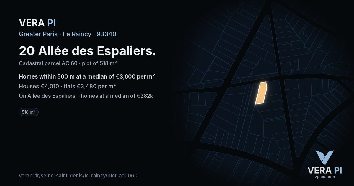 20 Allée des Espaliers, Le Raincy at night – the plot lit, the parcels around coloured by the prices near them