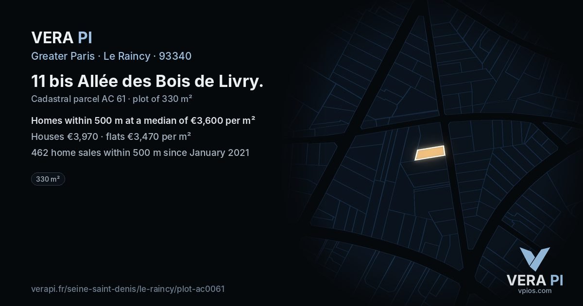11 bis Allée des Bois de Livry, Le Raincy at night – the plot lit, the parcels around coloured by the prices near them