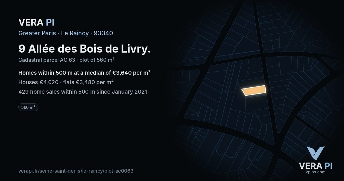 9 Allée des Bois de Livry, Le Raincy at night – the plot lit, the parcels around coloured by the prices near them