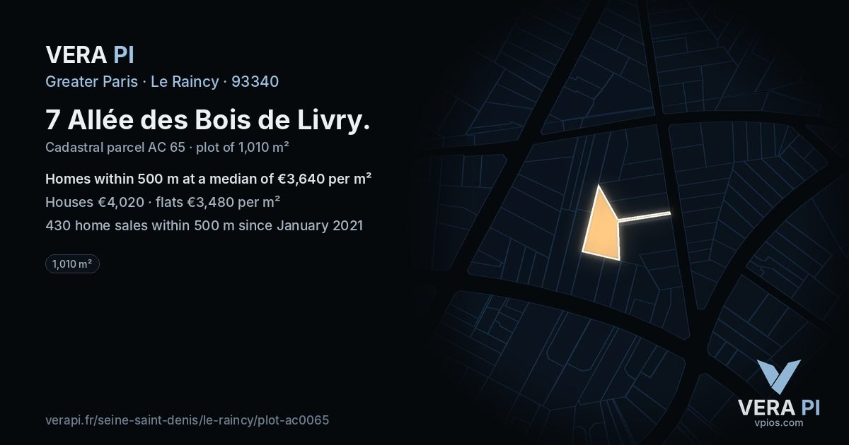 7 Allée des Bois de Livry, Le Raincy at night – the plot lit, the parcels around coloured by the prices near them