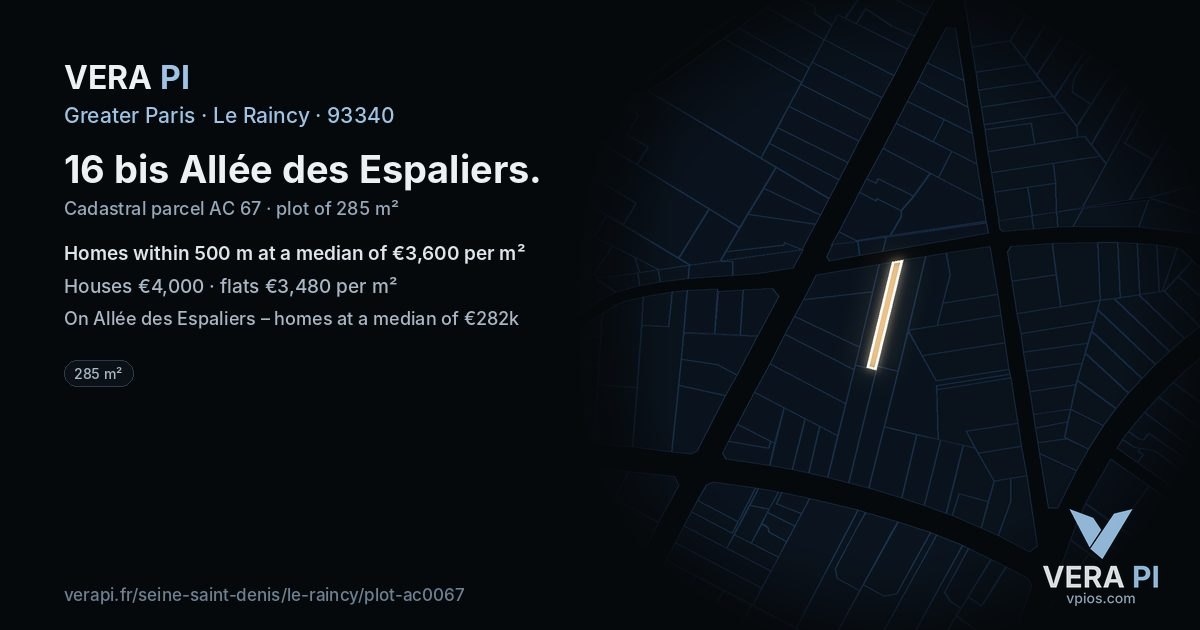 16 bis Allée des Espaliers, Le Raincy at night – the plot lit, the parcels around coloured by the prices near them
