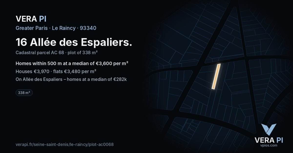 16 Allée des Espaliers, Le Raincy at night – the plot lit, the parcels around coloured by the prices near them